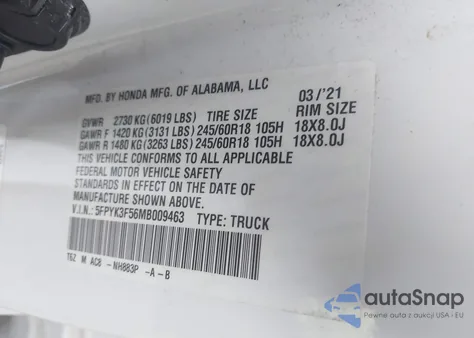 2021 Honda Ridgeline Awd Rtl from USA, damaged, VIN 5FPYK3F56MB009463